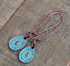 Blue Boho Earrings, Patina Copper Earrings, Long Bohemian Earrings, Long Drop Earrings, Blue Jewelry