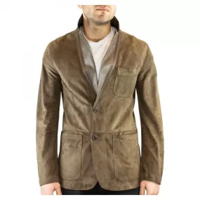 Giacca elegante reversibile da uomo fatta a mano in pelle di renna e agnello taupe con bottoni