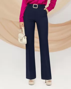 Pantaloni eleganti blu notte a gamba larga Pretty Girl con cintura rimovibile accessoriata con fibbia in perle